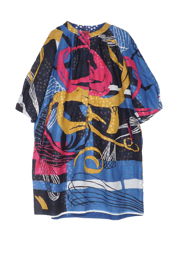 FRESH PRINT KANTHA PUFF SLV. DRESS - fp2436-blu -