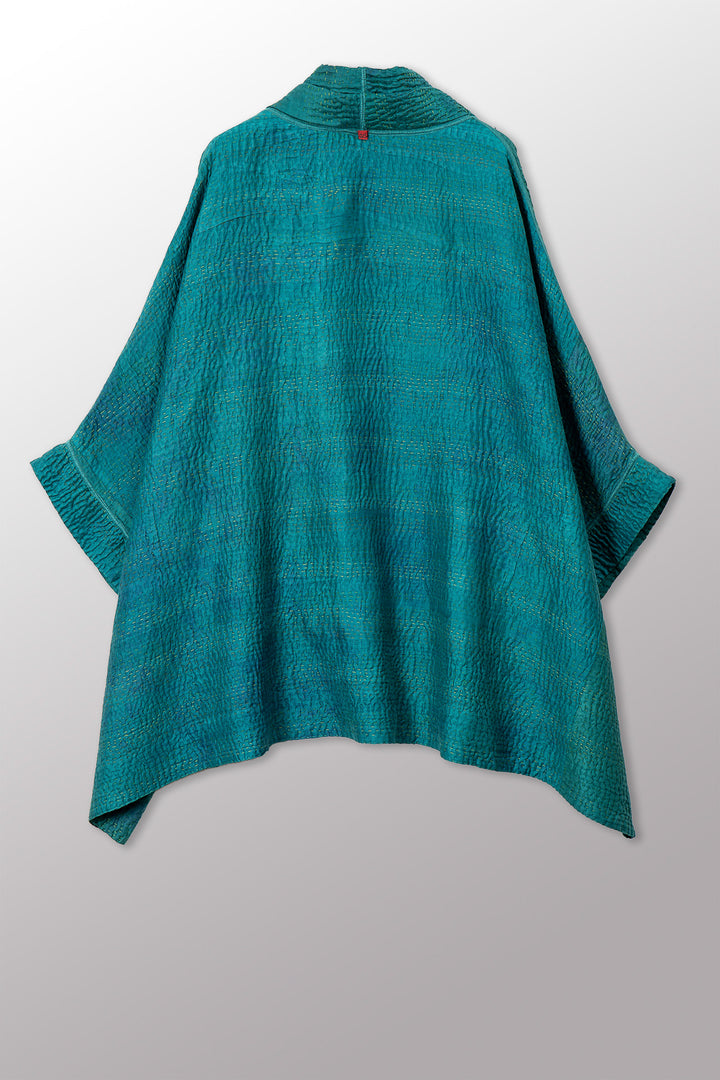 GEORGETTE JACQUARD VINTAGE SILK PATCH KANTHA DOUBLE COLLAR PONCHO - gj4323-grn -