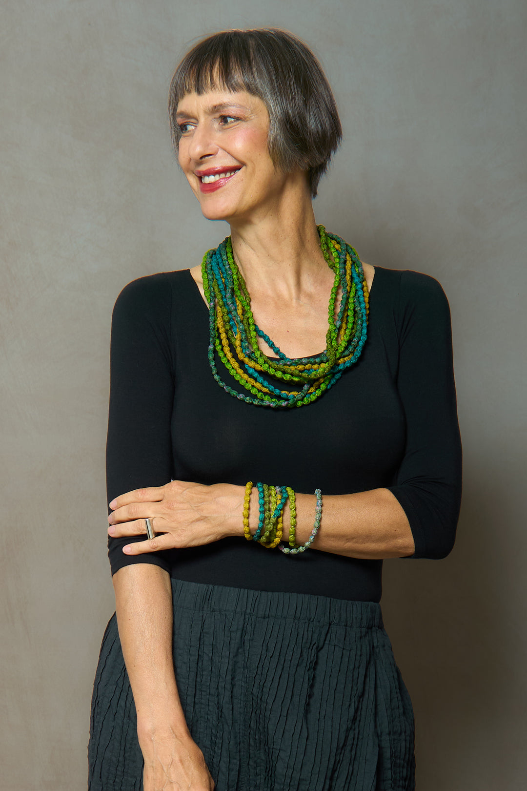 VINTAGE SILK KANTHA 5 STRAND NECKLACE - sv2730-grn -
