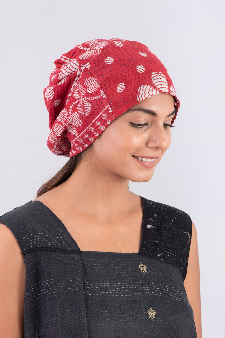 VINTAGE COTTON KANTHA 4 CORNER HAT - cv4883-red -