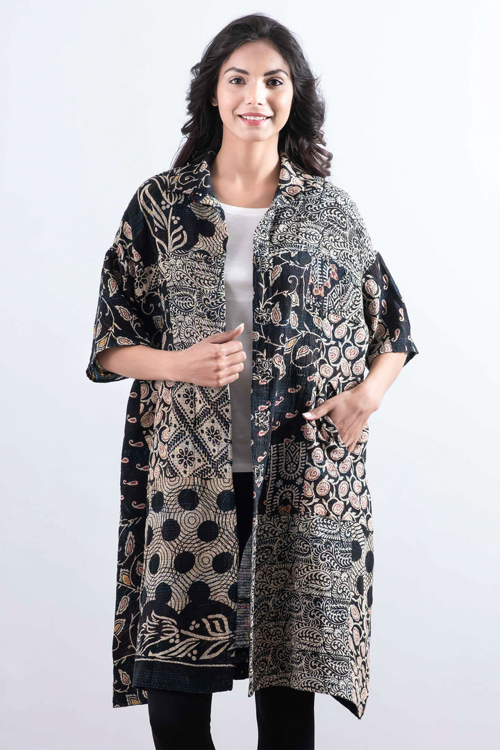 PATCHED & LEAVES KANTHA HALF SLV. SHIRT DRESS - pl2429-blk -