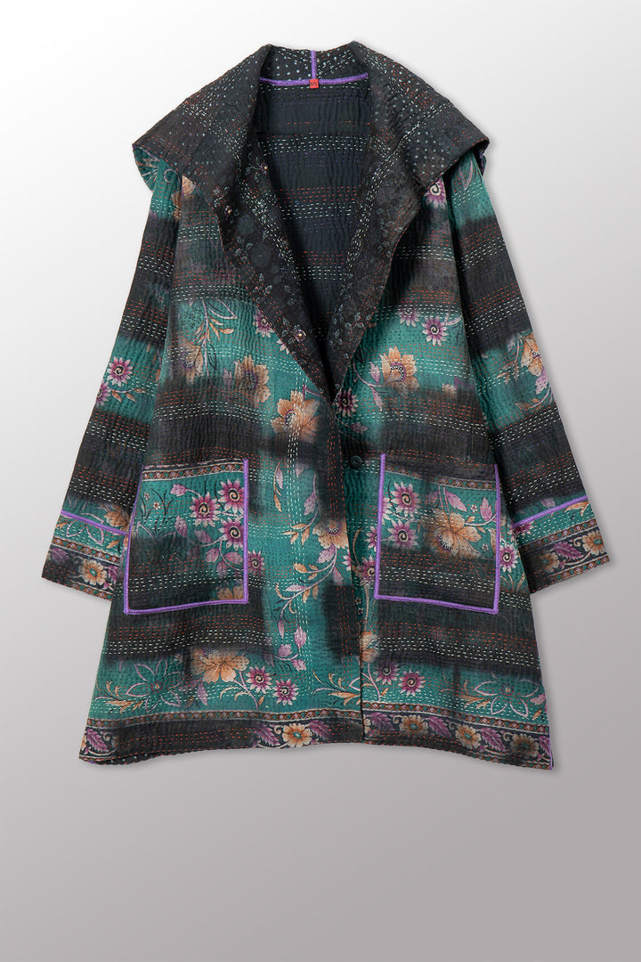 VINTAGE COTTON GREY CLAMP TIE DYE KANTHA POCKET MEDIUM COAT - su4316-0001m -