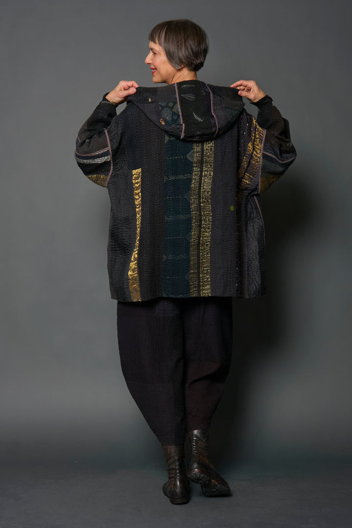 JEWEL WOVEN WITH VERTICAL PATCH KANTHA HOODIE PONCHO - jv4064-blk -