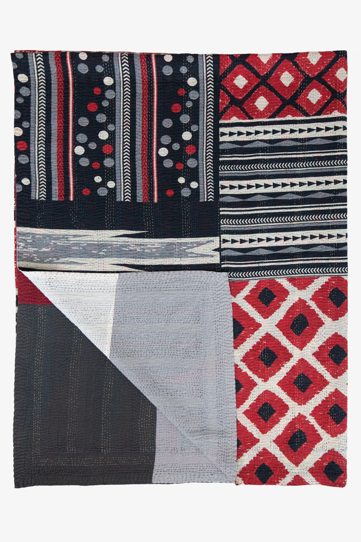 Monotone Ikat Handmade Vintage Kantha Throw -Monotone Red -