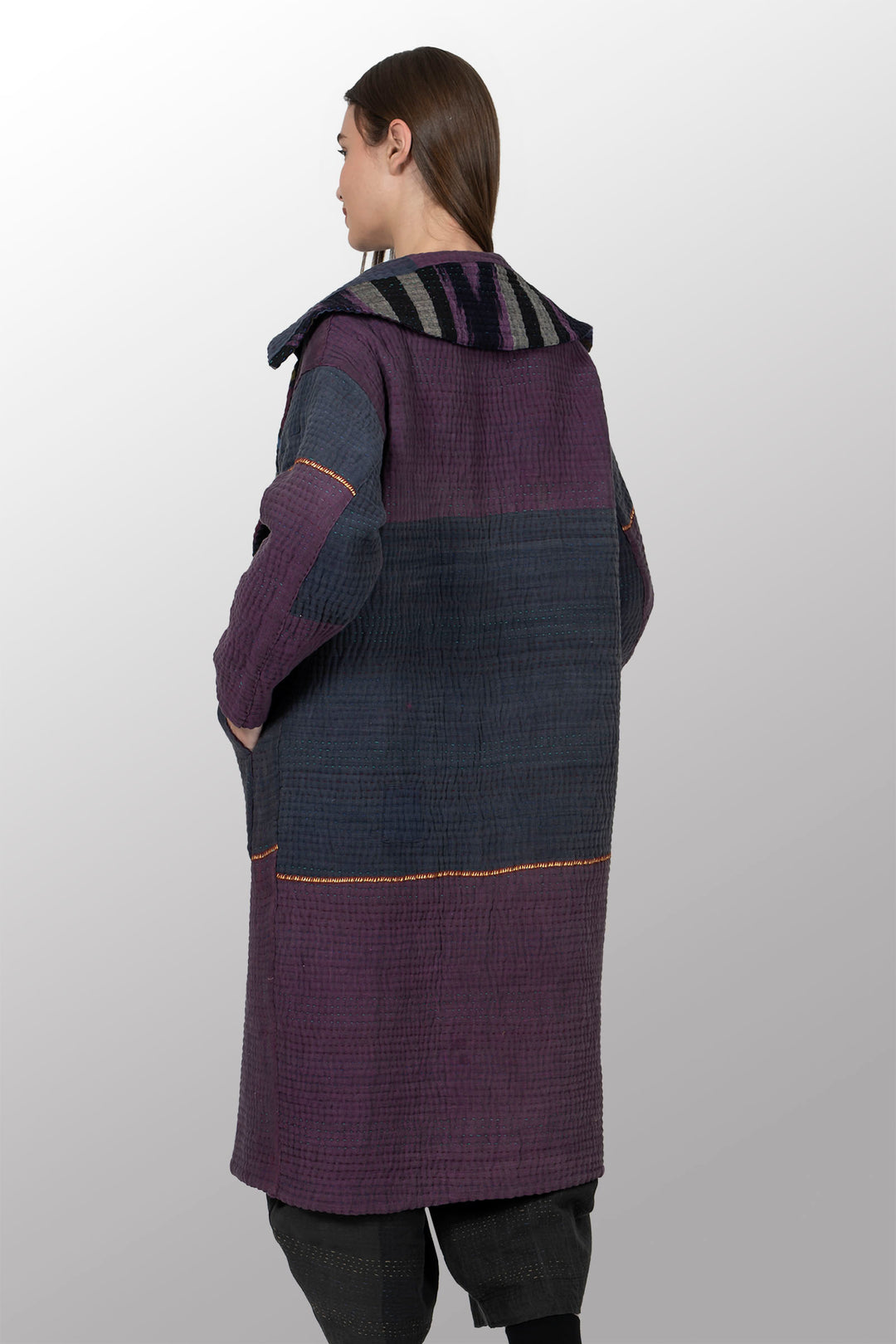 QUILTED OVERDYE COTTON KANTHA DOUBLE BREAST LONG COAT - oq5340-cred001a -