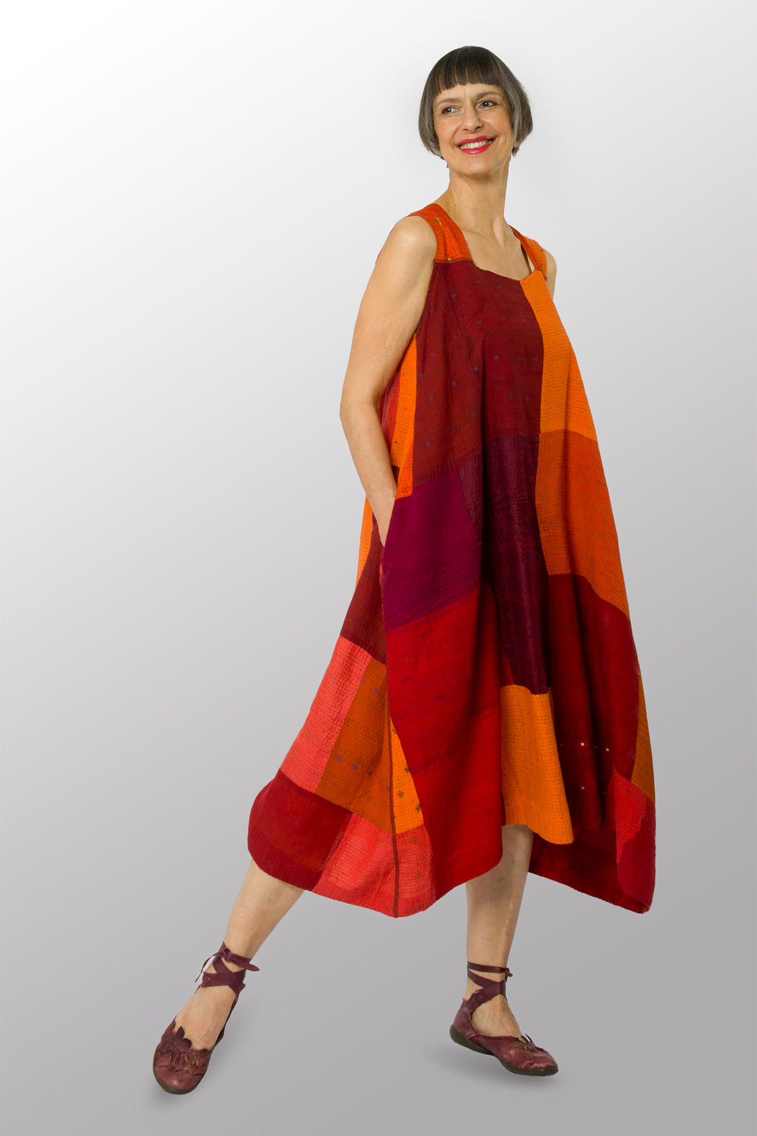 COTTON SILK SW PATCH OMBRE KANTHA TENT DRESS - wo2413-org -