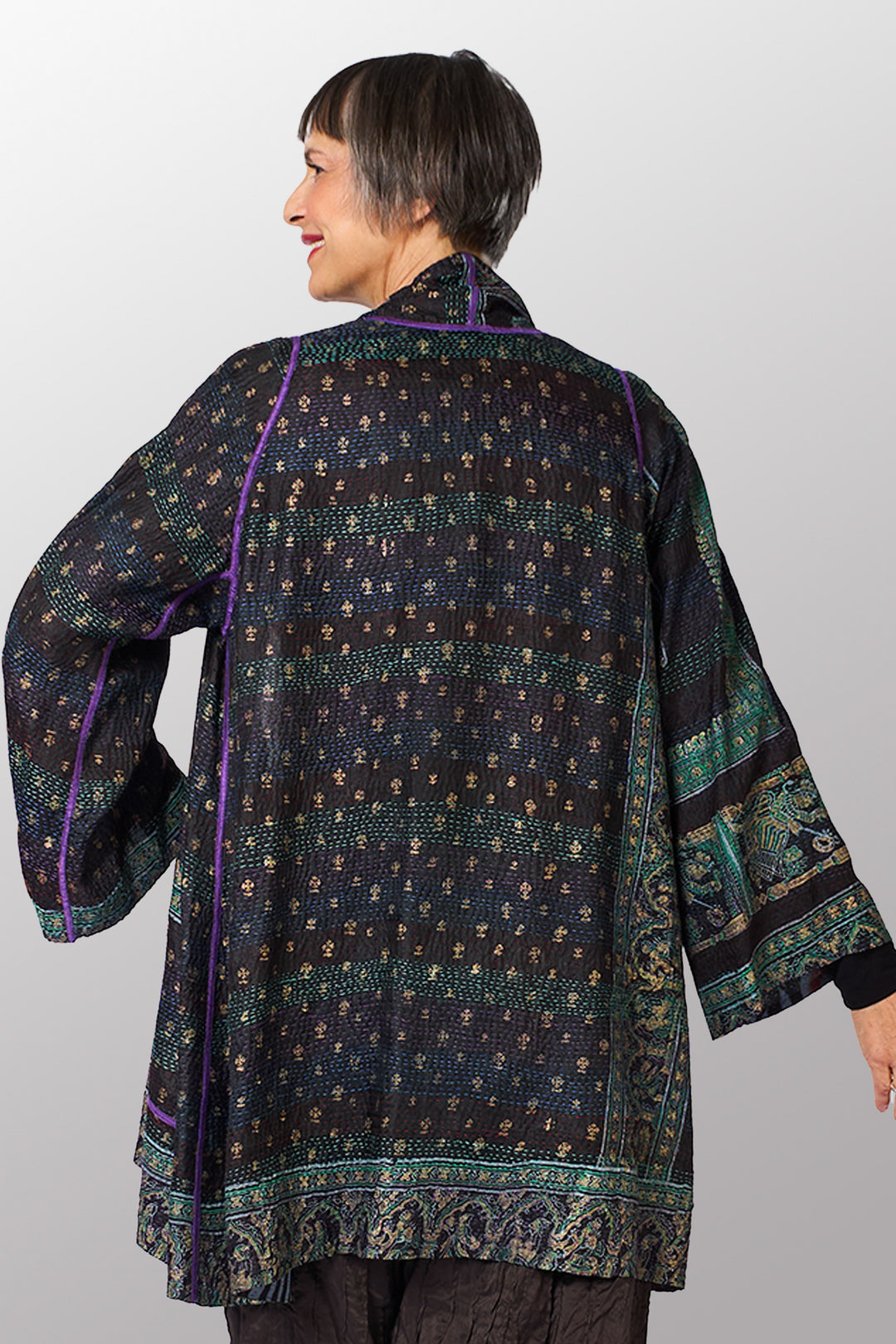 VINTAGE SILK GEORGETTE KANTHA A-LINE JKT - sg2003-0012a -