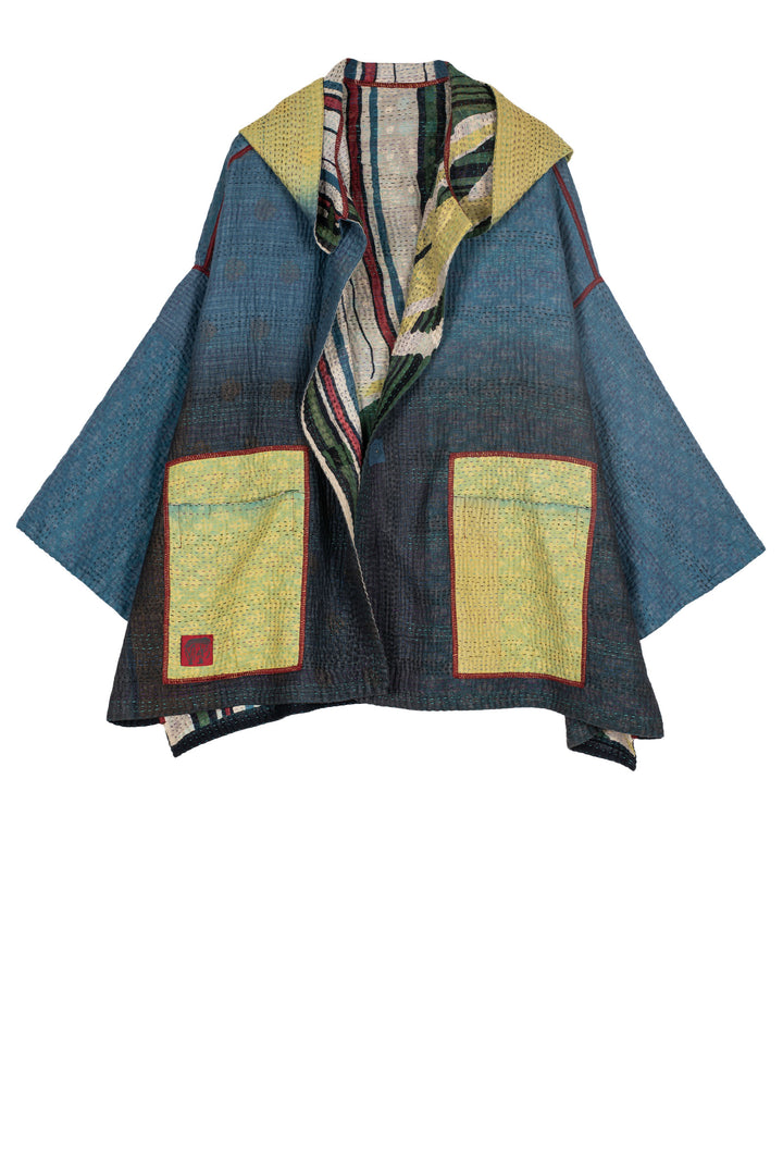 STRIPE AND BENDS KANTHA HOODIE PONCHO - sb4064-grn -