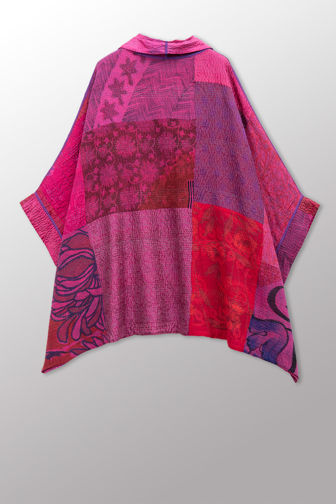 GEORGETTE JACQUARD VINTAGE SILK PATCH KANTHA DOUBLE COLLAR PONCHO - gj4323-pik -