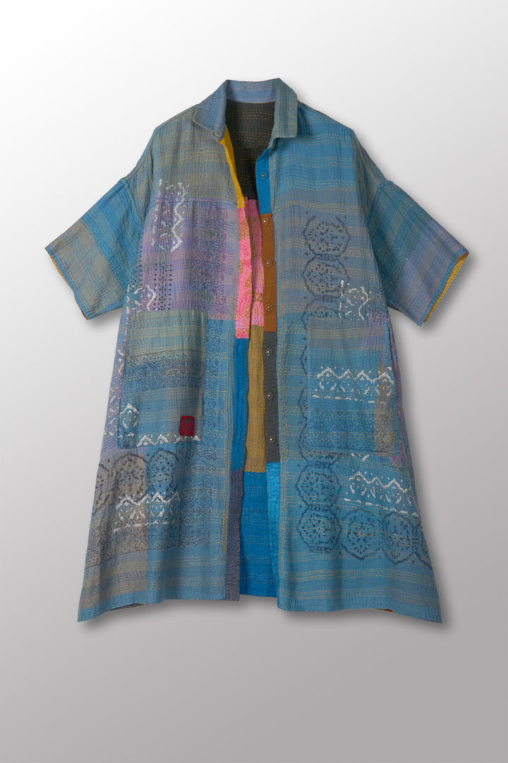 MOSAIC FRAY PATCH KANTHA HALF SLV. SHIRT DRESS - zb2429-mlt -