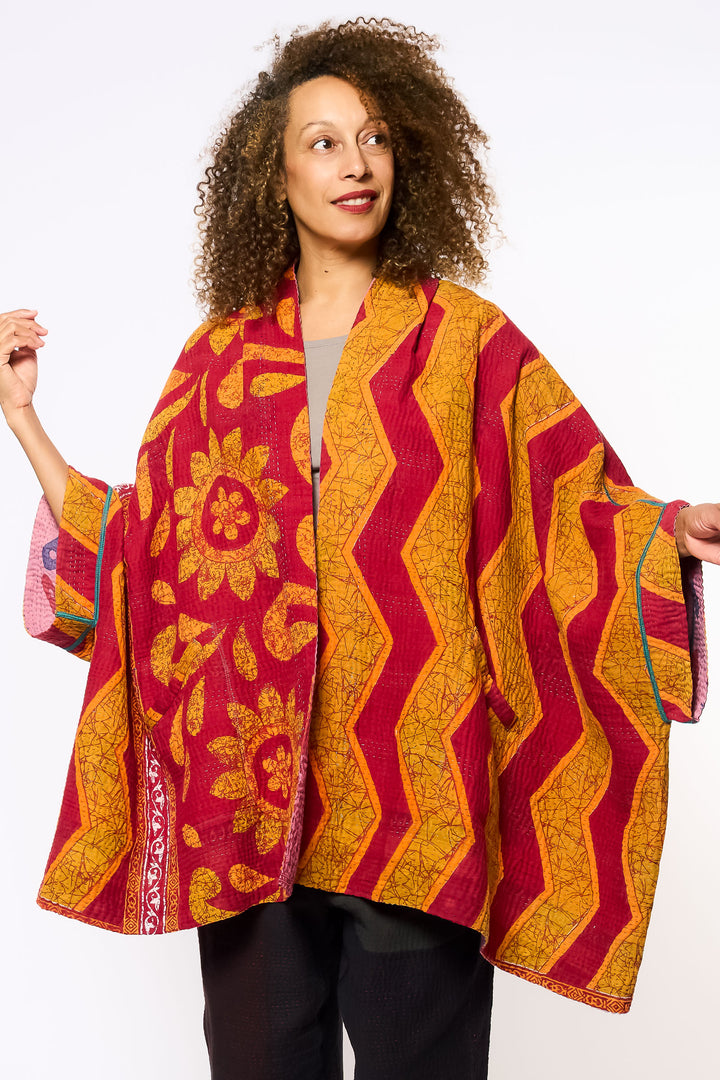 VINTAGE COTTON KANTHA DOUBLE COLLAR PONCHO - cv4323-0056a -