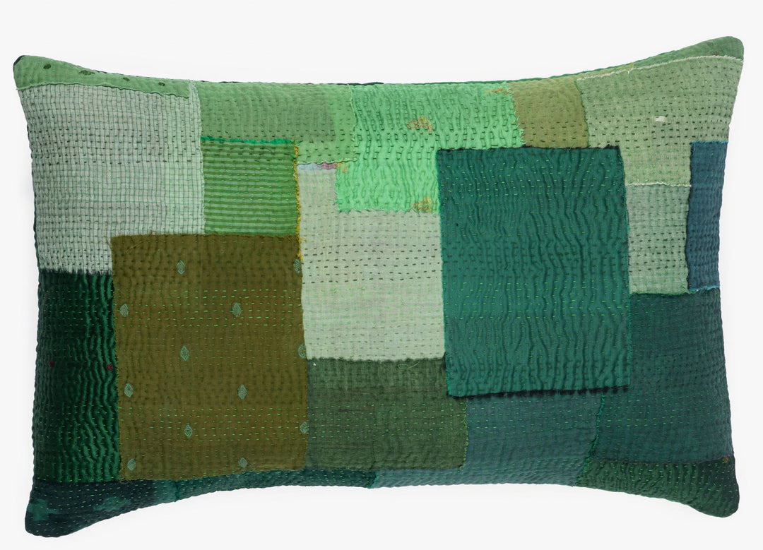 Landscape Fray Path Vintage Kantha Pillow -Green
