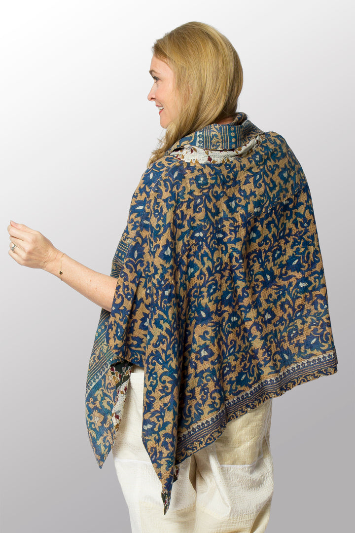 VINTAGE COTTON KANTHA COWL NECK LONG CAPE - cv2842-0002a -