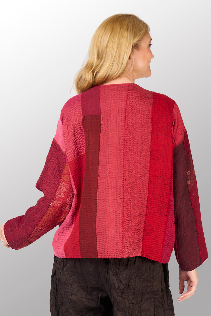 STRIPE AND CHECK COTTON SILK PATCH KANTHA CREW NECK SHORT JACKET - ss4053-red -