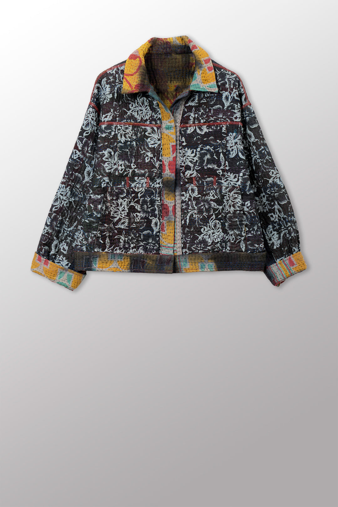 VINTAGE COTTON GREY CLAMP TIE DYE KANTHA OVERSIZED TRUCKER JACKET - su4j107-0001s -