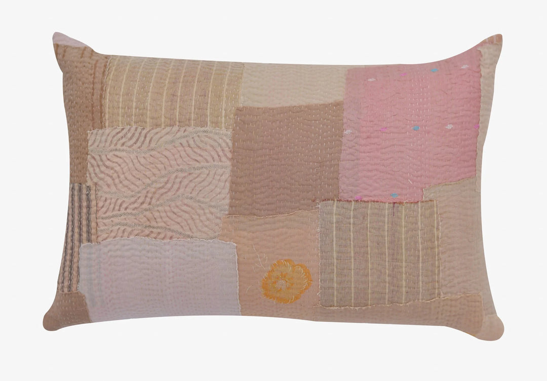 Mosaic Fray Handmade Vintage Kantha Pillow -Mushroom