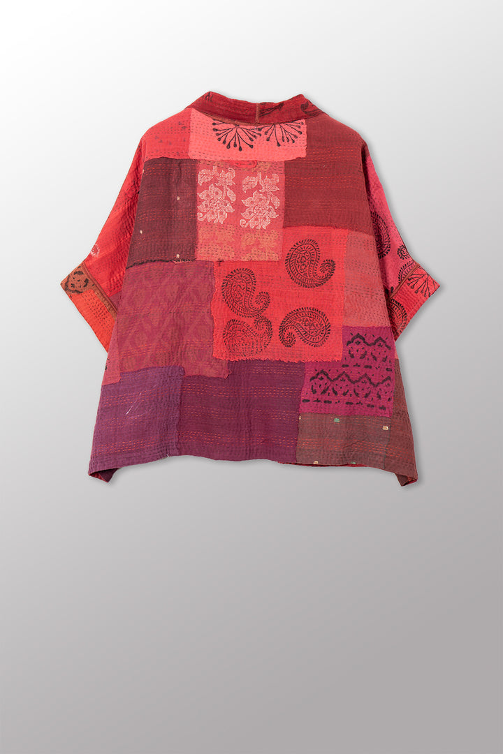 LANDSCAPE FRAYED PATCH KANTHA WITH STAMP MINI PONCHO - sp-lf2060-red -