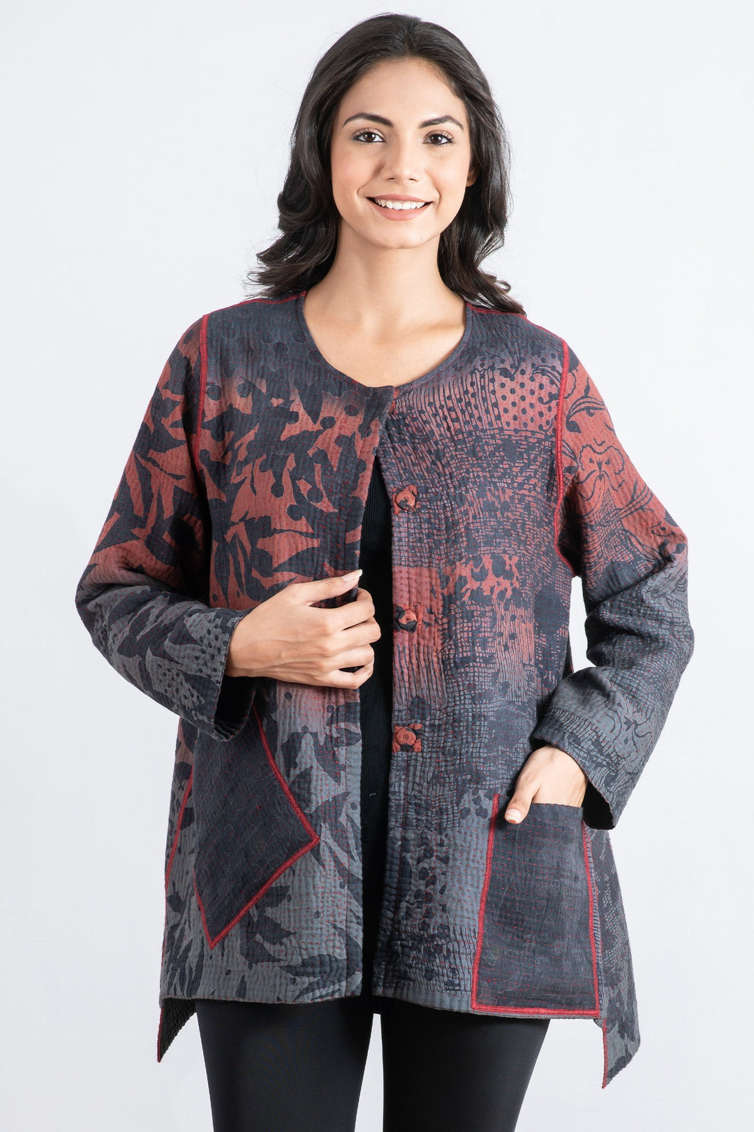 MONOTONE TWILIGHT PRINT KANTHA CREW NECK POCKET JKT - tp4025-red -