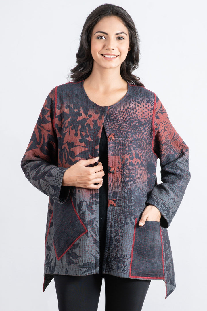 MONOTONE TWILIGHT PRINT KANTHA CREW NECK POCKET JKT - tp4025-red -
