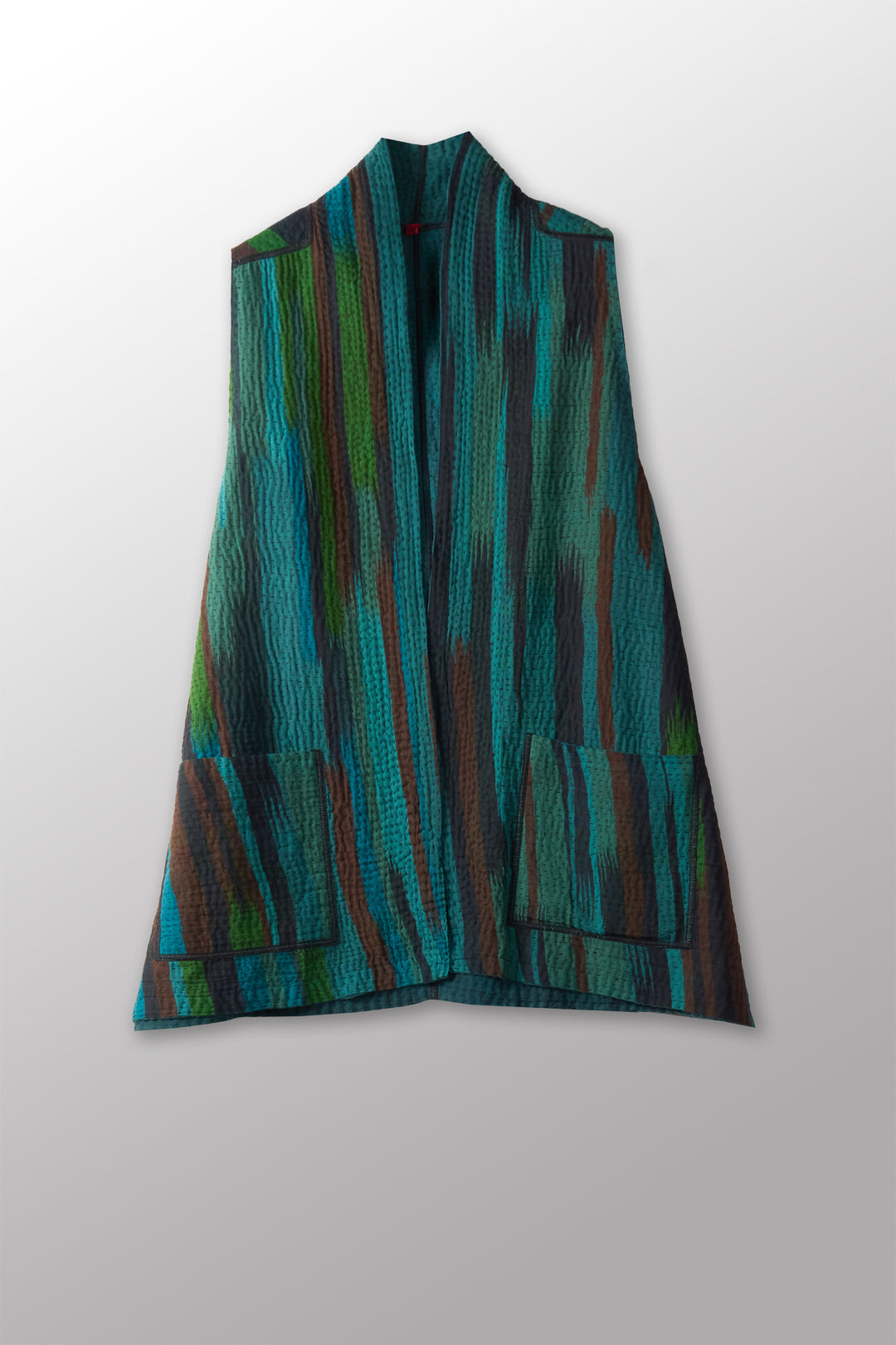 IKAT STRIPE KANTHA KIMONO VEST - is4247-tuq -