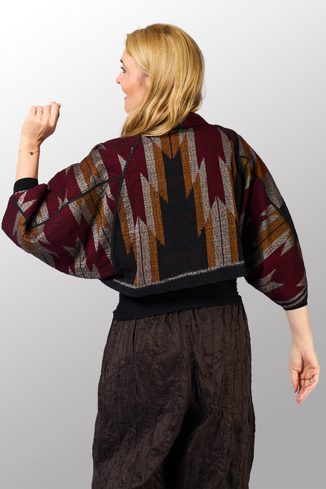 WOVEN HANDLOOM IKAT WITH OMBRE KANTHA PUFF SLV. SHRUG - wh4062-red -