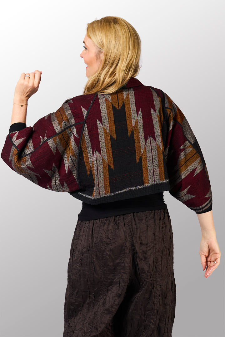 WOVEN HANDLOOM IKAT WITH OMBRE KANTHA PUFF SLV. SHRUG - wh4062-red -