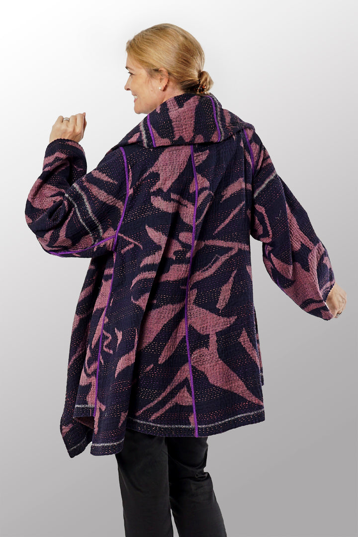 WOVEN HANDLOOM IKAT WITH OMBRE KANTHA HOODED A-LINE COAT - wh4341-prp -