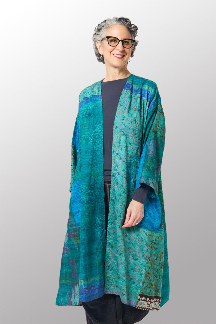 VINTAGE SILK KANTHA LONG DUSTER - sv2328-0011a -