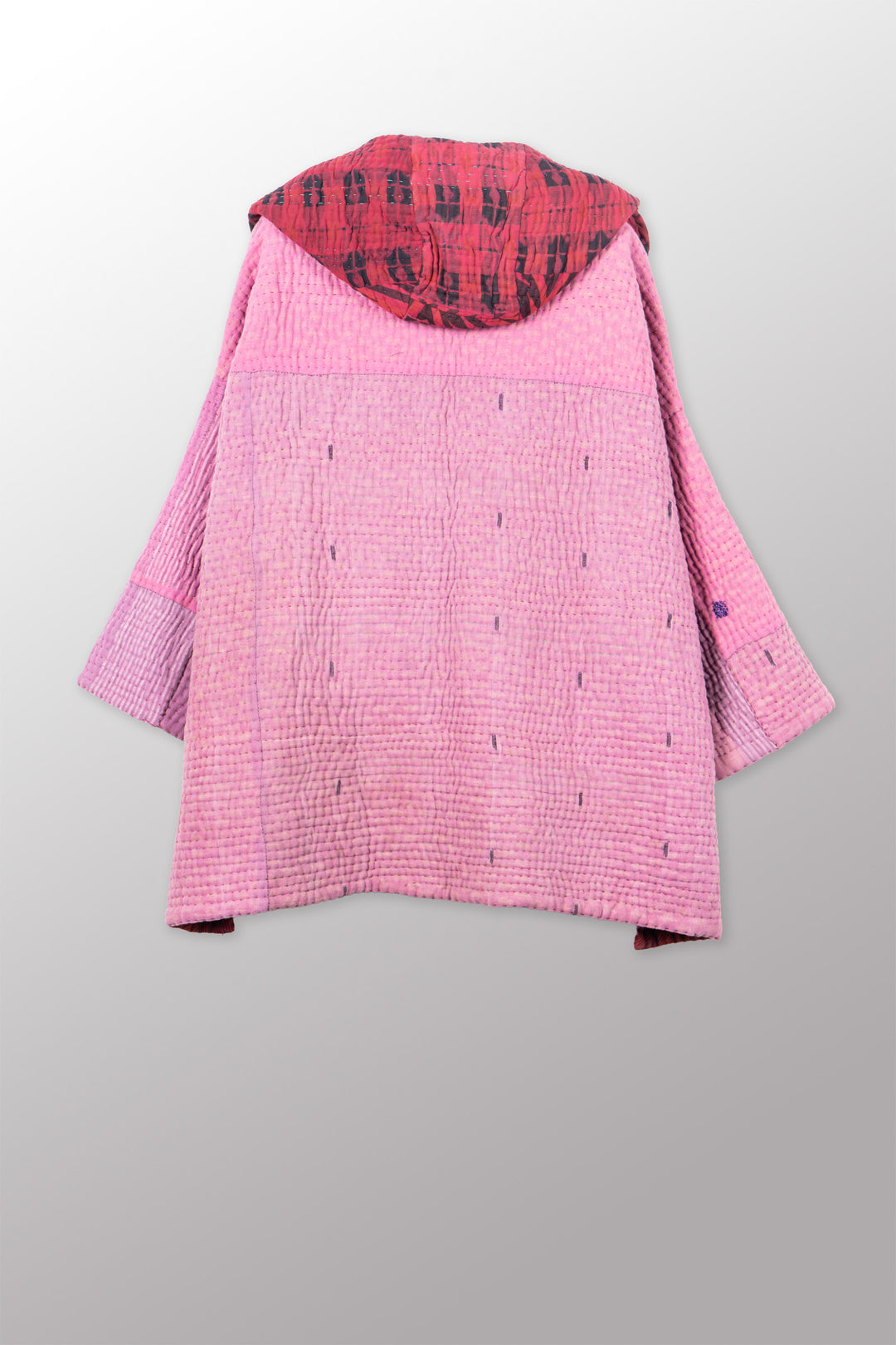 QUILTED OVERDYE COTTON KANTHA HOODIE PONCHO - oq5064-cred003a -