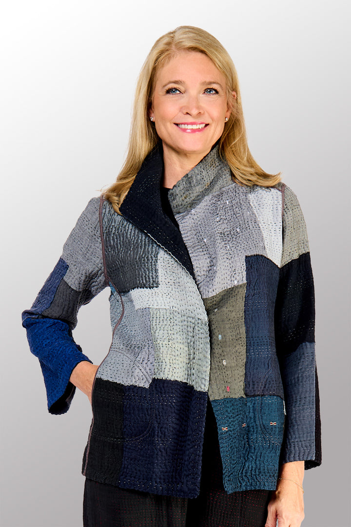 TWO TONE PATCH KANTHA SHORT JACKET - tn4007-blk -