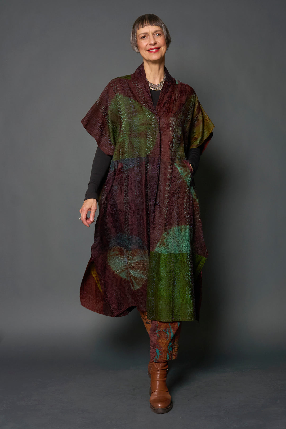 JACQUARD SILK PATCH TIE DYE CIRCLE SHIBORI KANTHA PONCHO DRESS - wj2443-grn -