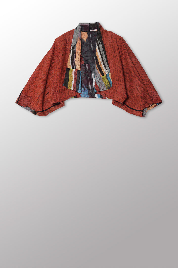 IKAT STRIPE KANTHA PUFF SLV. SHRUG - is4062-red -