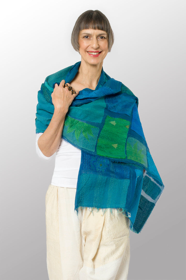 TONAL TILE PATCH KANTHA SCARF STANDARD - tt2801-blu -