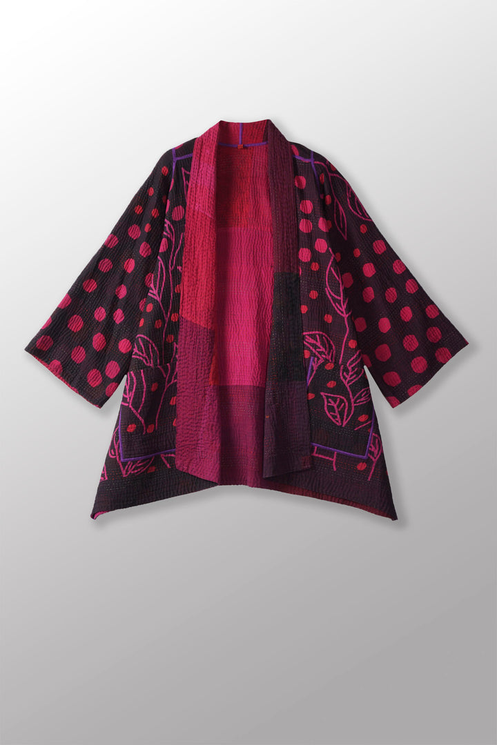 OVERDYED POLKA DOTS & LEAVES KANTHA A-LINE JACKET - dl4003-fus -