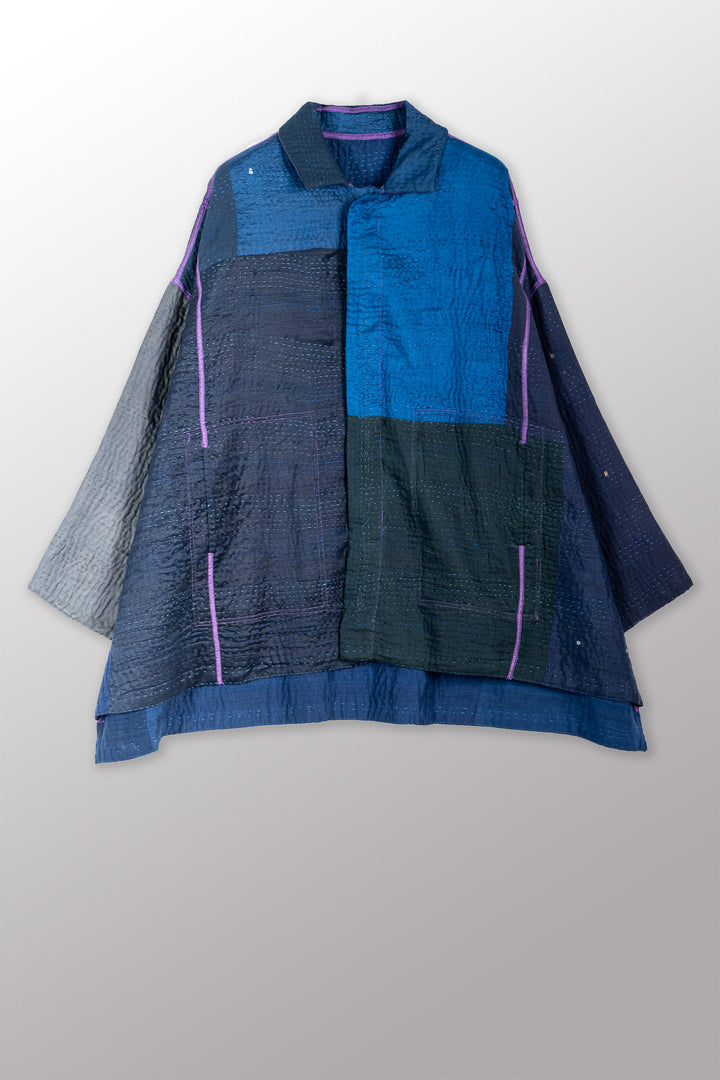 JAIPUR PATCH KANTHA OVERSIZED MINI COAT - jp4332-nvy -