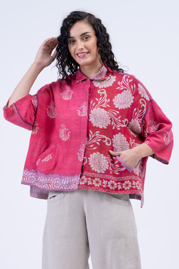 VINTAGE COTTON KANTHA CROPPED TENT SHIRT - cv2596-0002a -