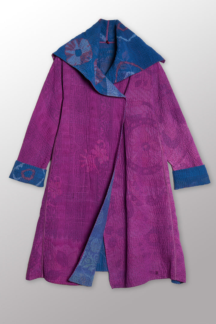 VINTAGE SILK GEORGETTE COTTON KANTHA A-LINE COAT - gc4309-0001a -