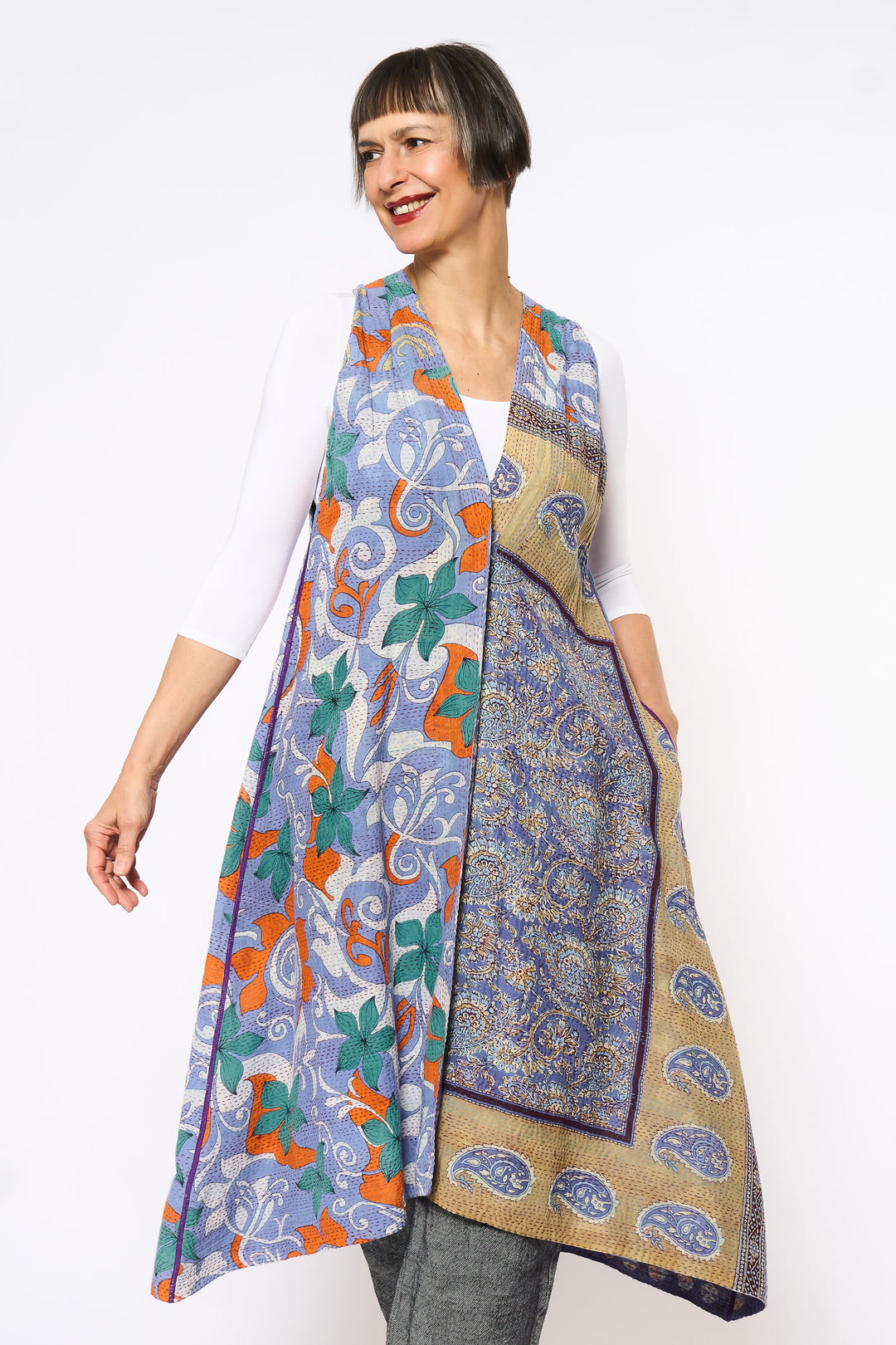 VINTAGE COTTON KANTHA BACK PLEATED VEST MAXI - cv2222-0008a -