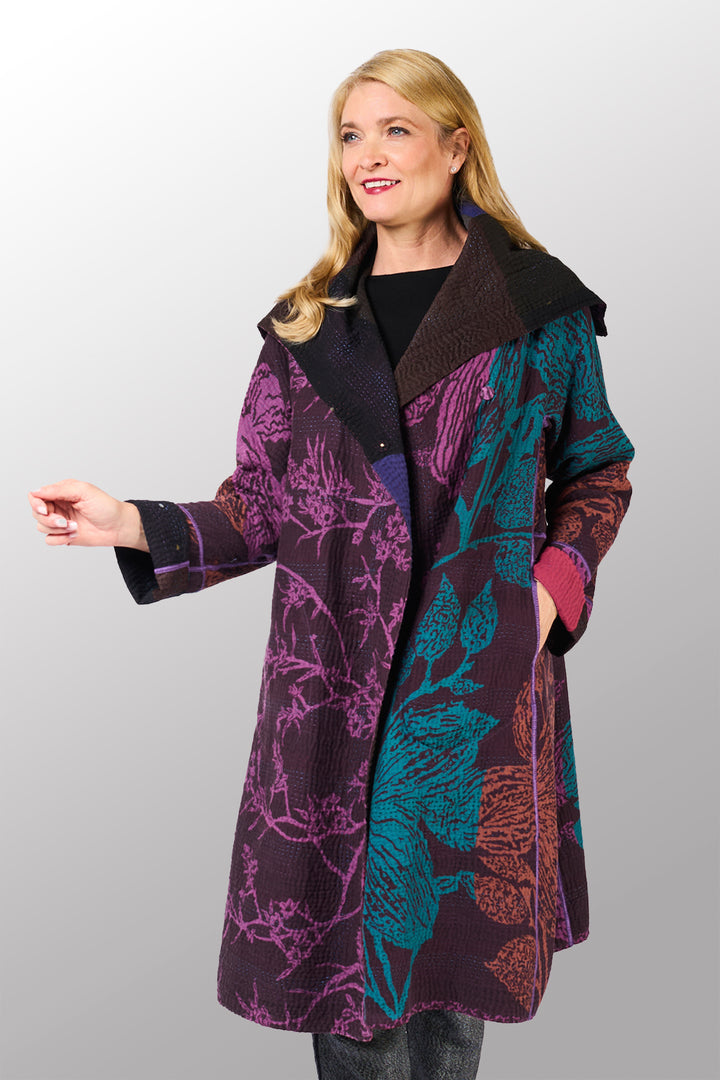 NIGHT FLOWERS KANTHA A-LINE COAT - nl4309-prp -