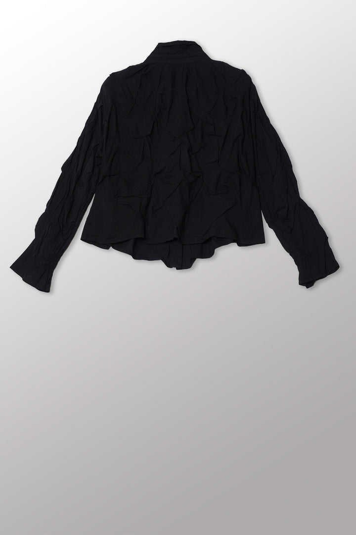 POLISHED COTTON WAVY TUCK CROPPED SHIRT COLLAR TOP - bl-wl1594-blk -