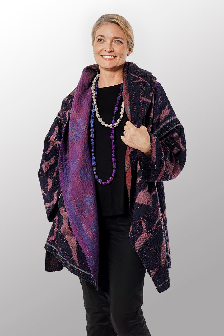 WOVEN HANDLOOM IKAT WITH OMBRE KANTHA HOODED A-LINE COAT - wh4341-prp -