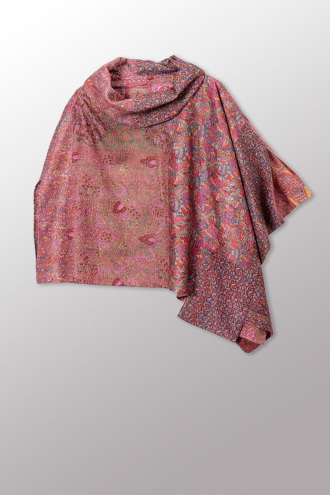 VINTAGE SILK KANTHA COWL NECK LONG CAPE - sv2842-0023a -