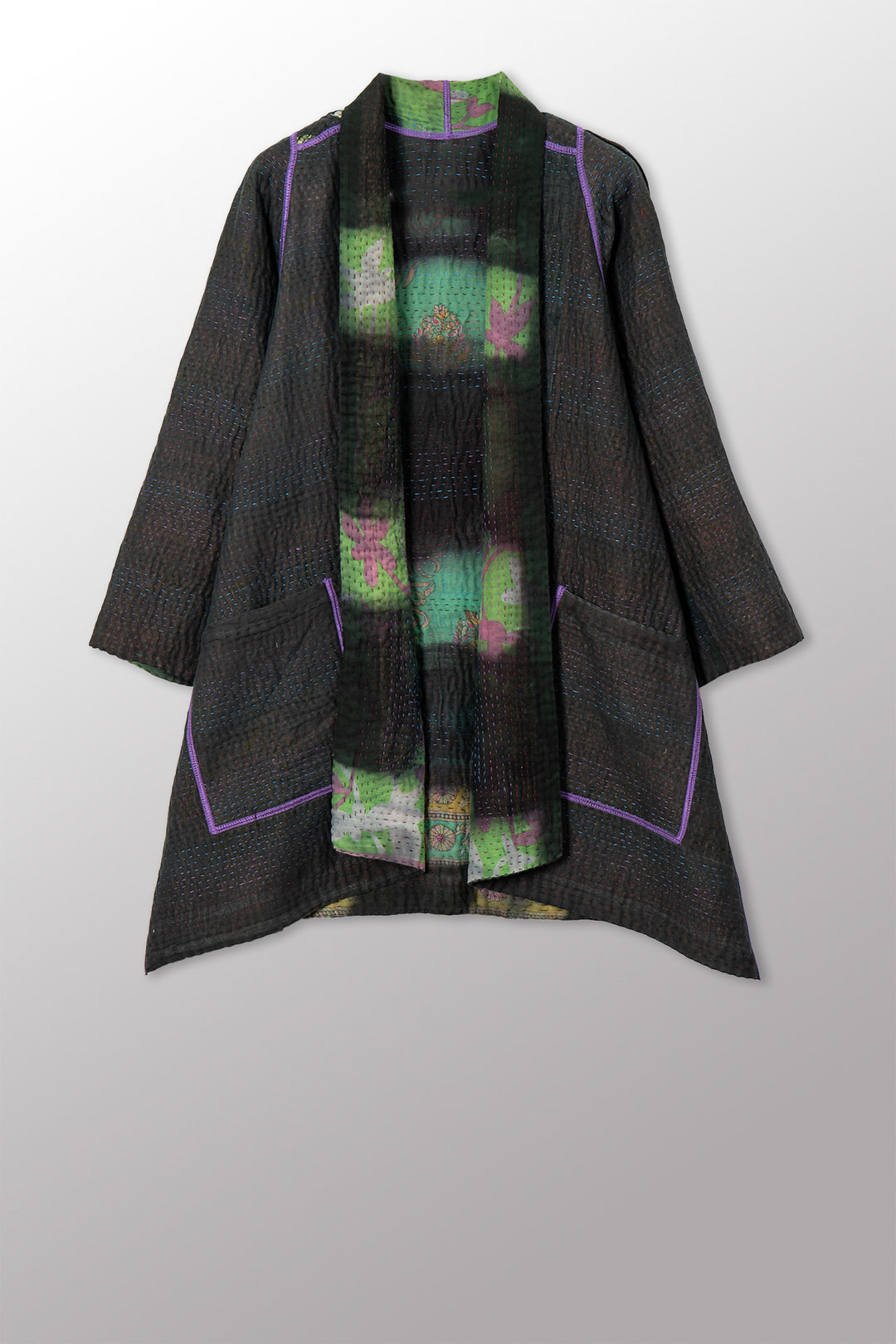 VINTAGE COTTON GREY CLAMP TIE DYE KANTHA A-LINE JACKET - su4003-0003s -