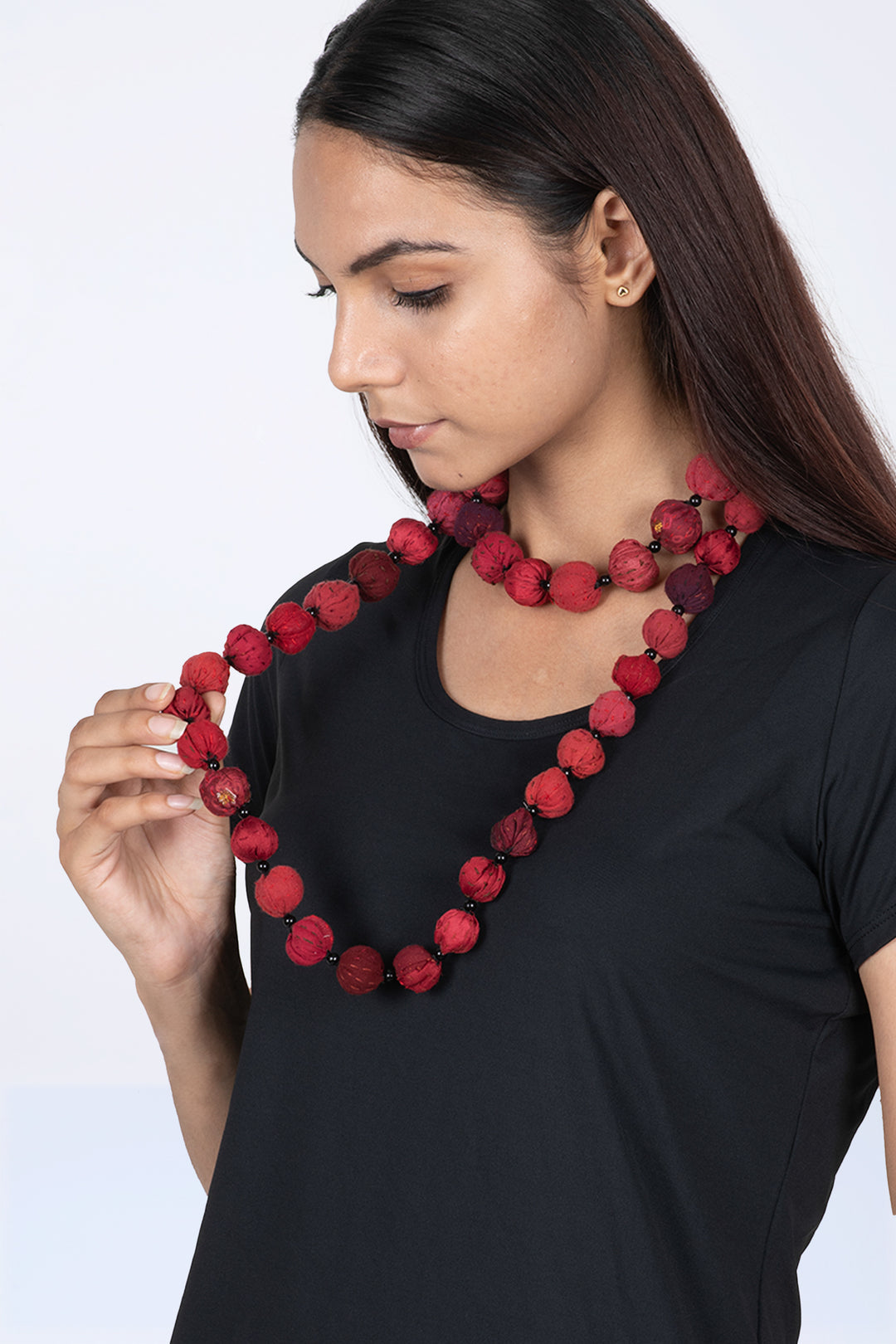 COTTON SILK SW PATCH KANTHA SMALL NUTS LONG NECKLACE - ws2706-red -