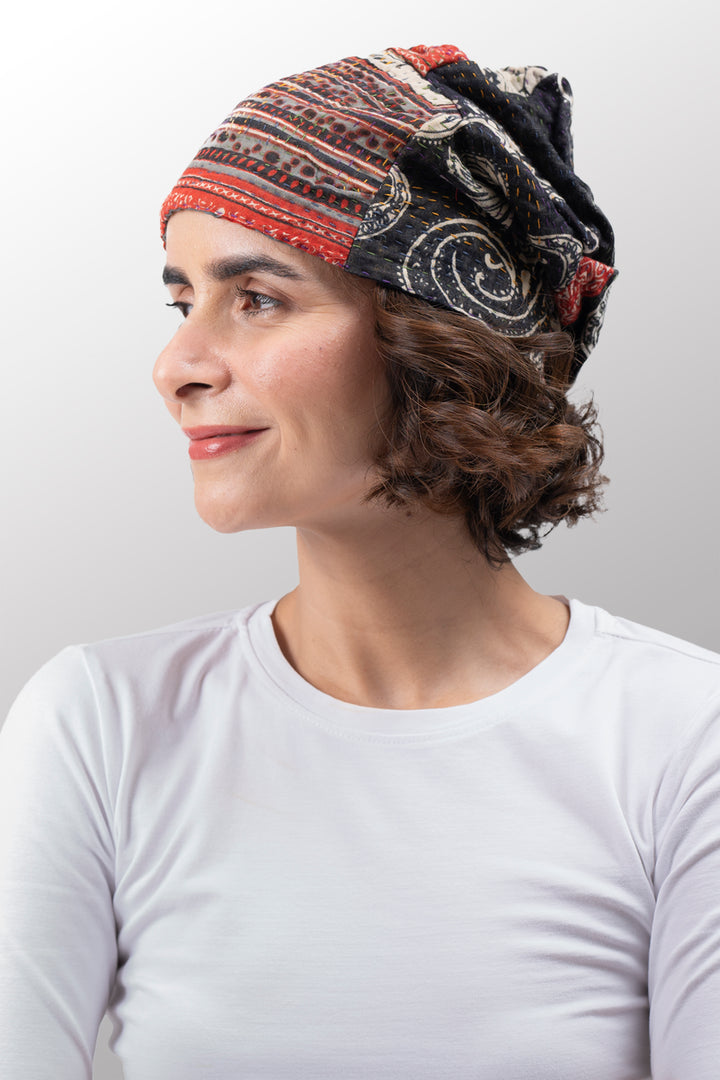 DOT & PAISLEY KANTHA PATCHWORK HAT - dp4880-nvy -