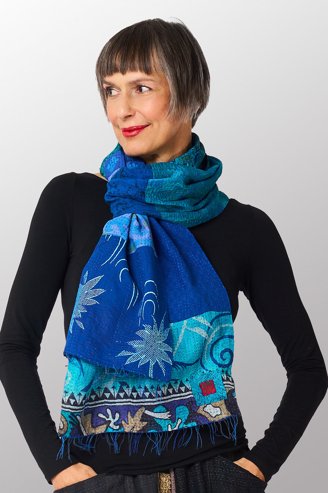 VINTAGE SILK COTTON KANTHA SCARF SMALL - sc2800-blu -