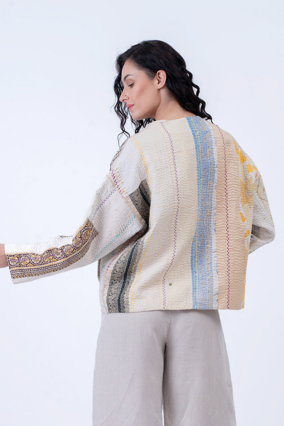 JEWEL WOVEN WITH VERTICAL PATCH KANTHA CREW NECK SHORT JACKET - jv4053-ivy -