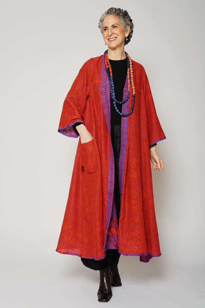 BLOOMING FLOWERS KANTHA V-NECK FLARE SLEEVE DRESS - bf2445-prp -