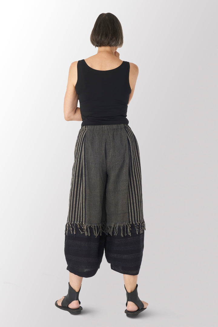 WOVEN HANDLOOM COTTON KANTHA WIDE LEG LANTERN PANTS - wc2646-blk -