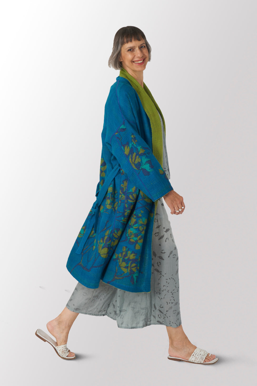 BLOOMING FLOWERS KANTHA SIMPLE ROBE - bf4334-blu -